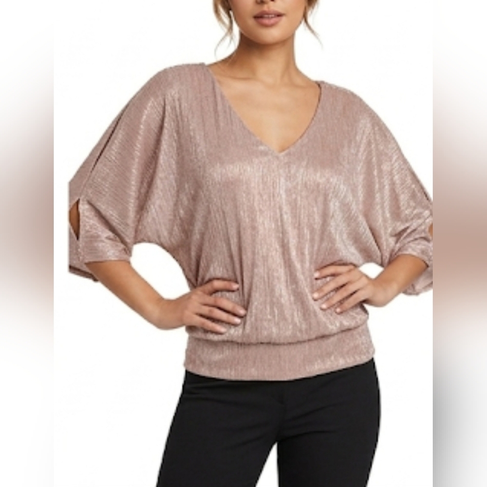 🌷Women's Chaus New York Metallic Dusty Pink V-Neck Blouson Top🌷size:L